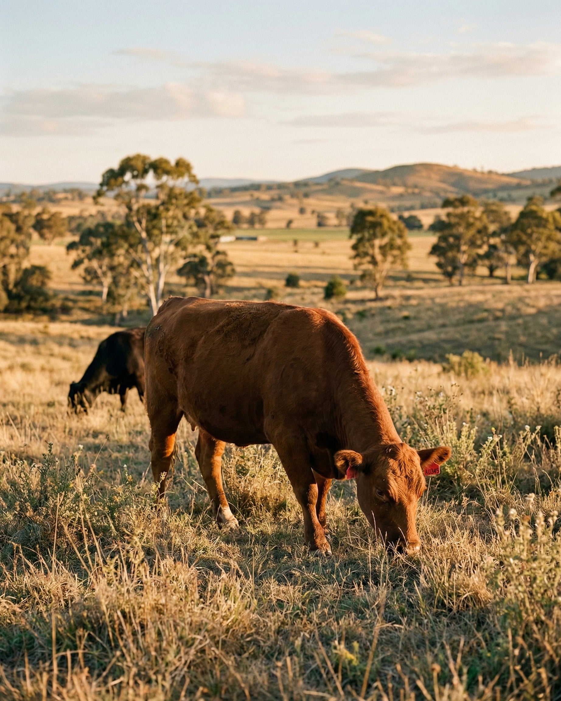Brown cow grazing in a field with trees and hills in the background