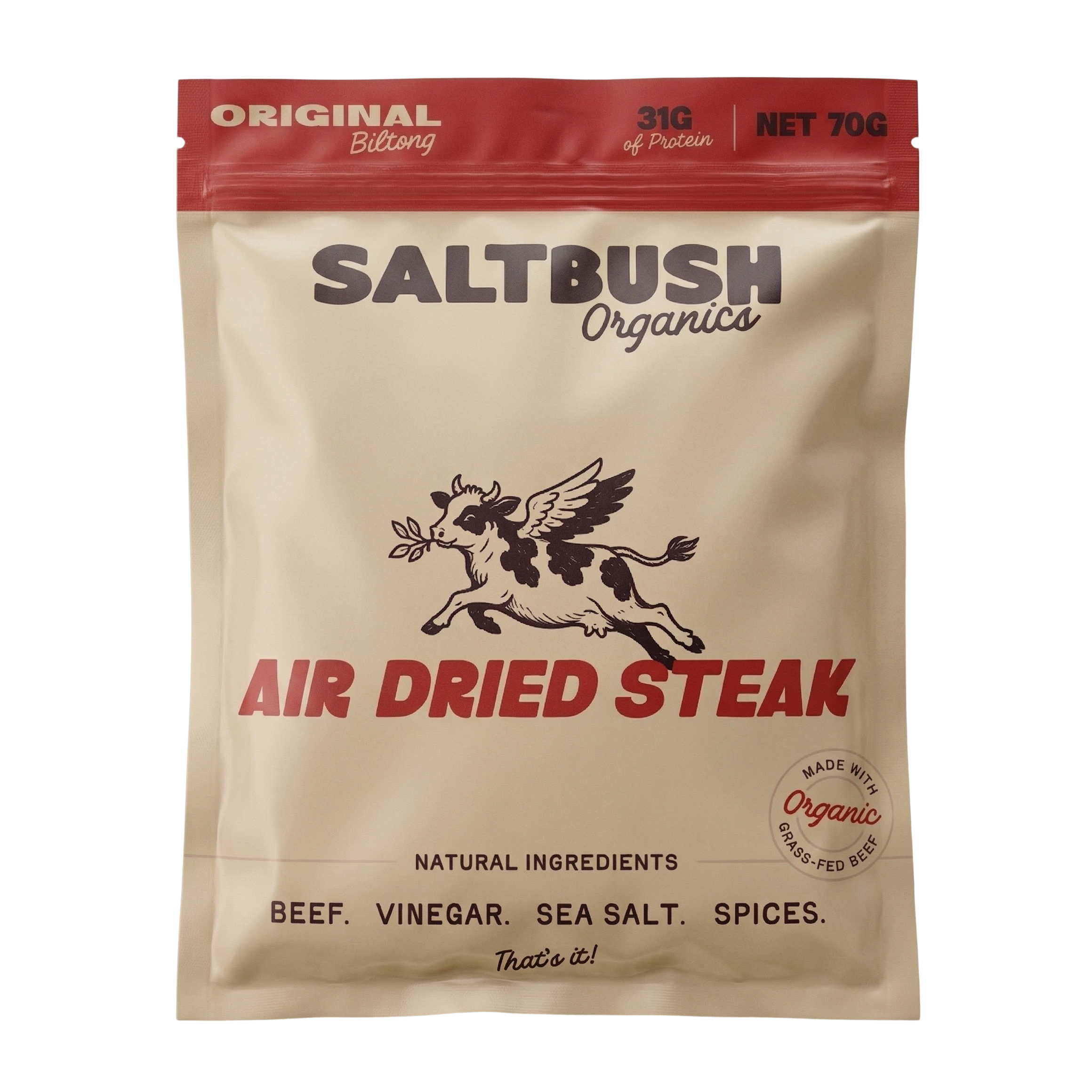 Saltbush Organics air dried steak package on a white background