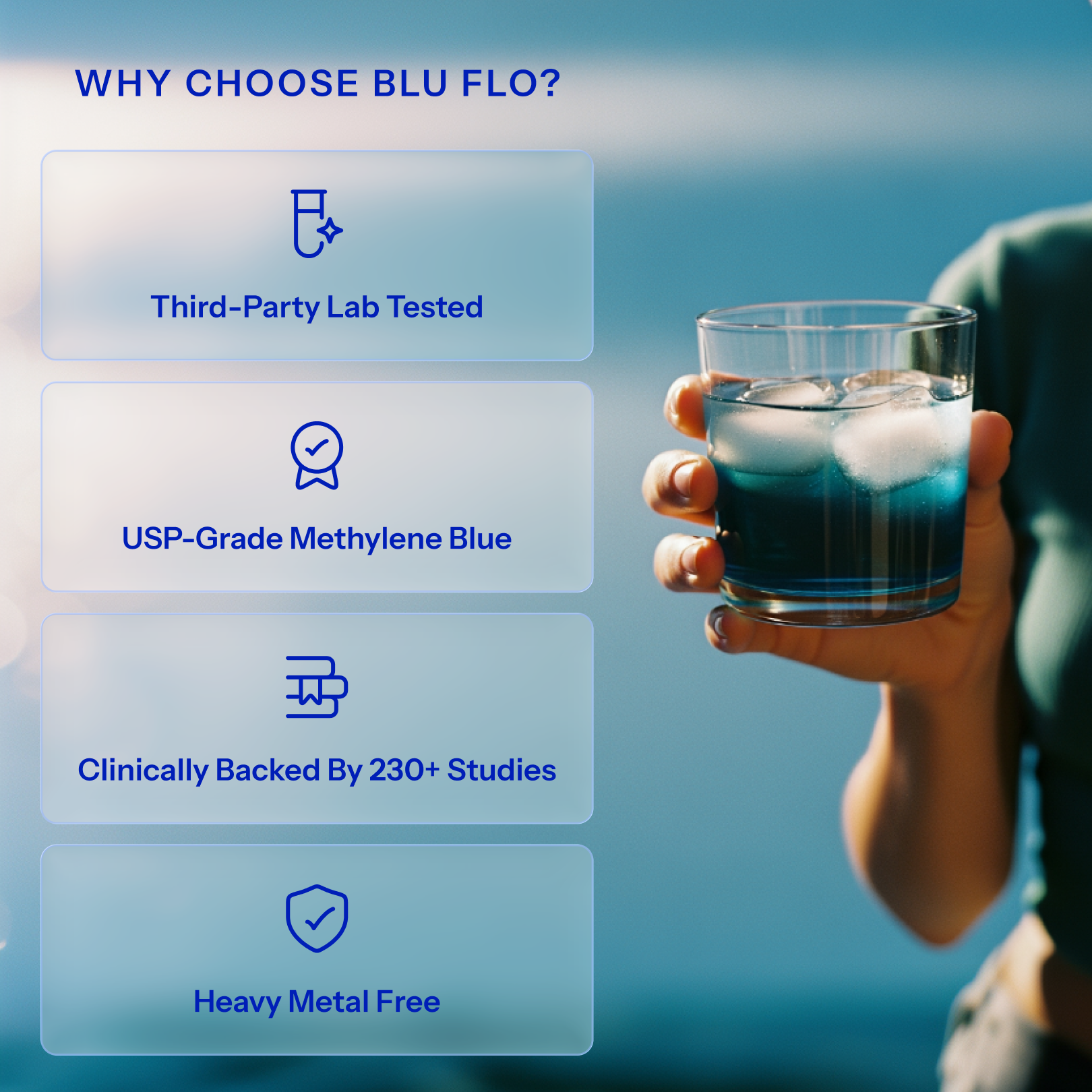 Woman holding glass of methylene blue with benefits of buying from blu flo