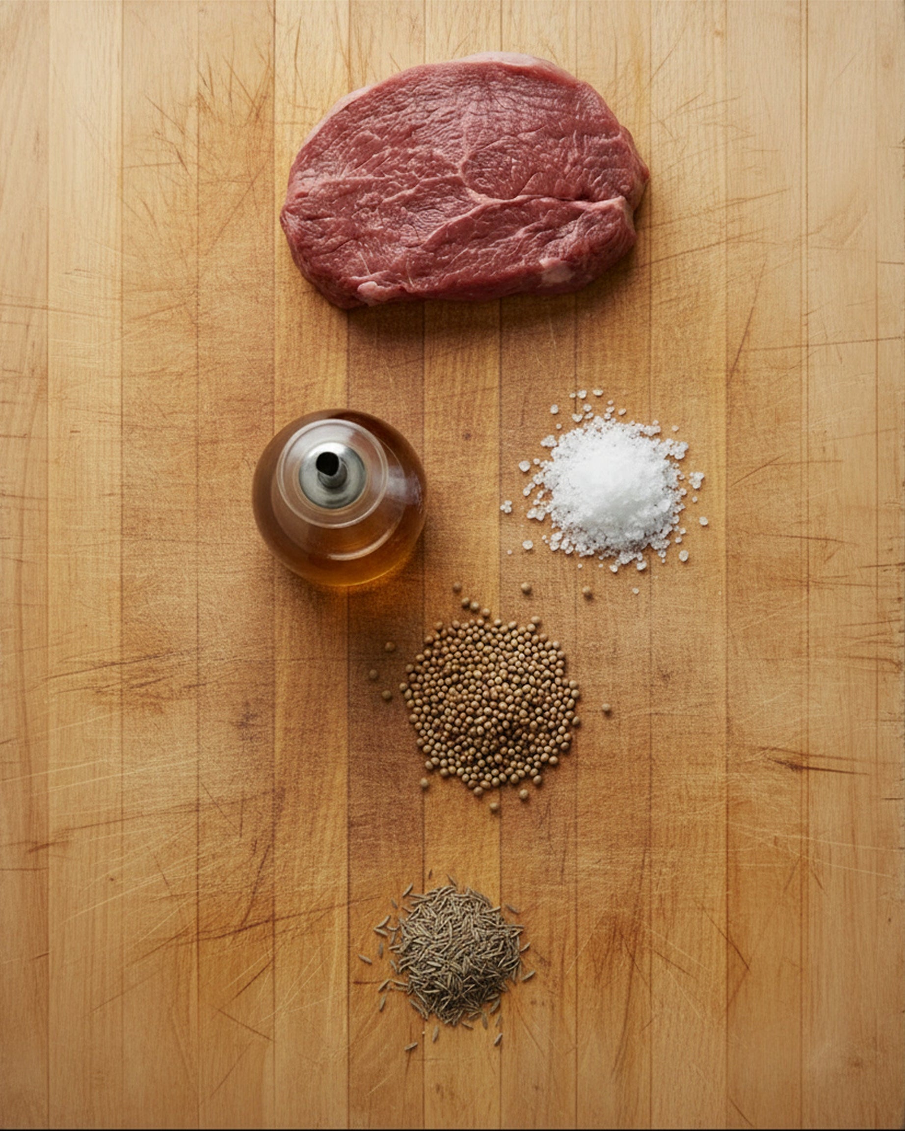 Raw steak with spices and oil on a wooden cutting board